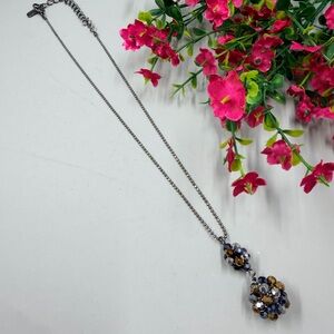 You & I Signed Vintage Gunmetal Crystal Drop Necklace with Amber and Gray Accent